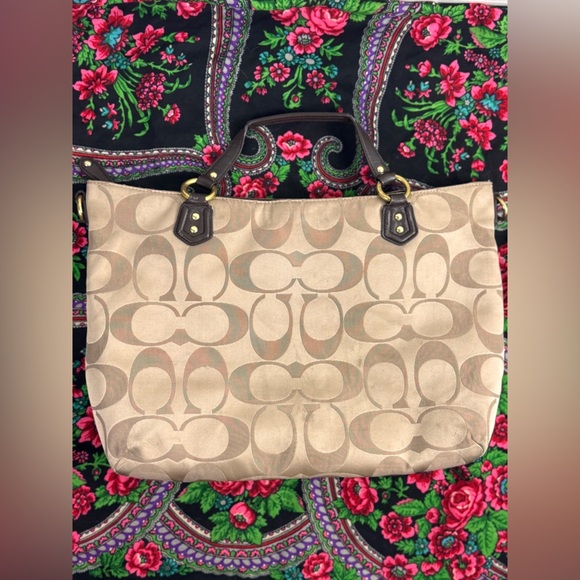 Coach Campbell Signature Handbag Large Brown Tan Sateen Purse Tote Career Preppy - Picture 11 of 15